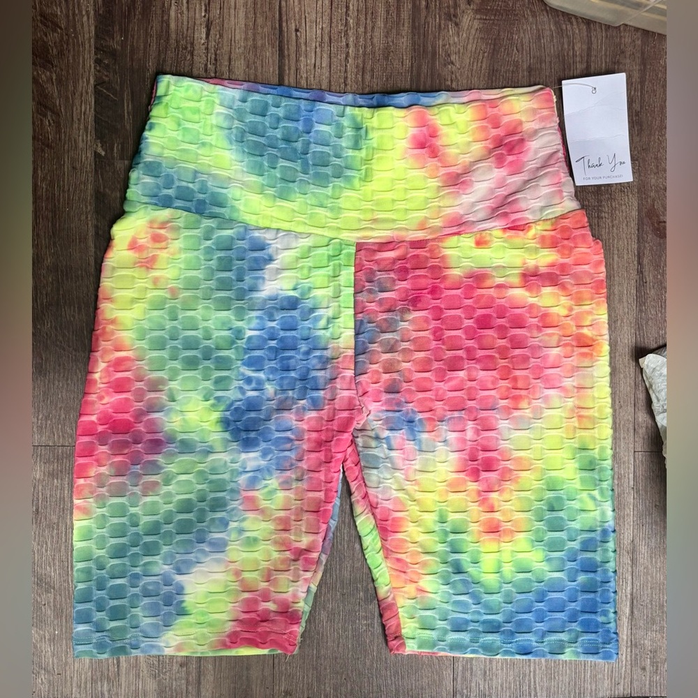 NEW! Zenana Outfitters Neon Tie Dye Textured Honey Butt Workout Shorts L